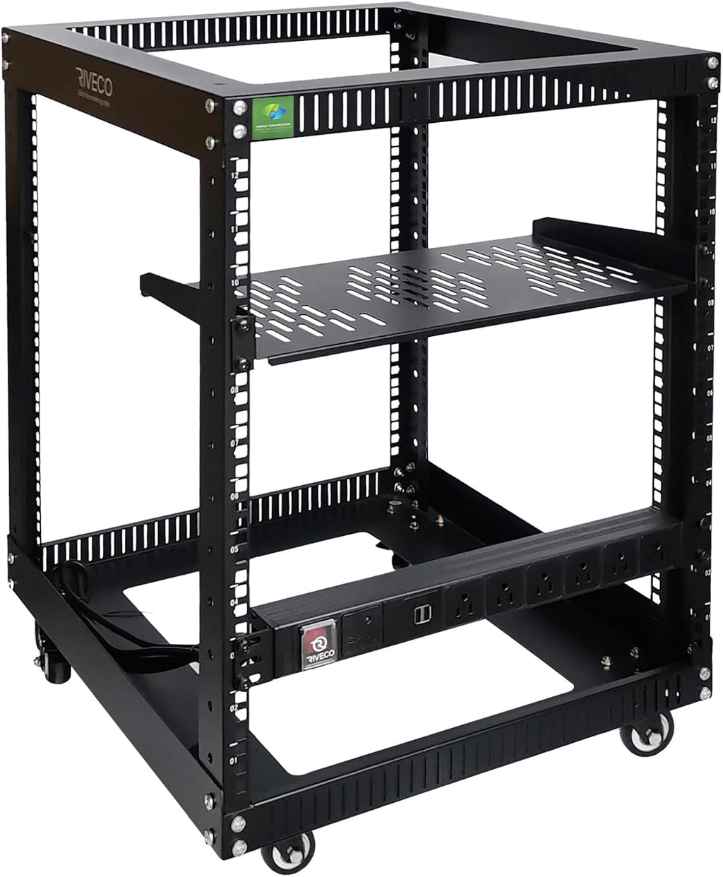 RIVECO 19' 12U Server Rack Open Frame with Wheels + PDU (8 Outlets) Power Strip Surge Protector + 1U Rack Shelf Cantilever Tray Set Black