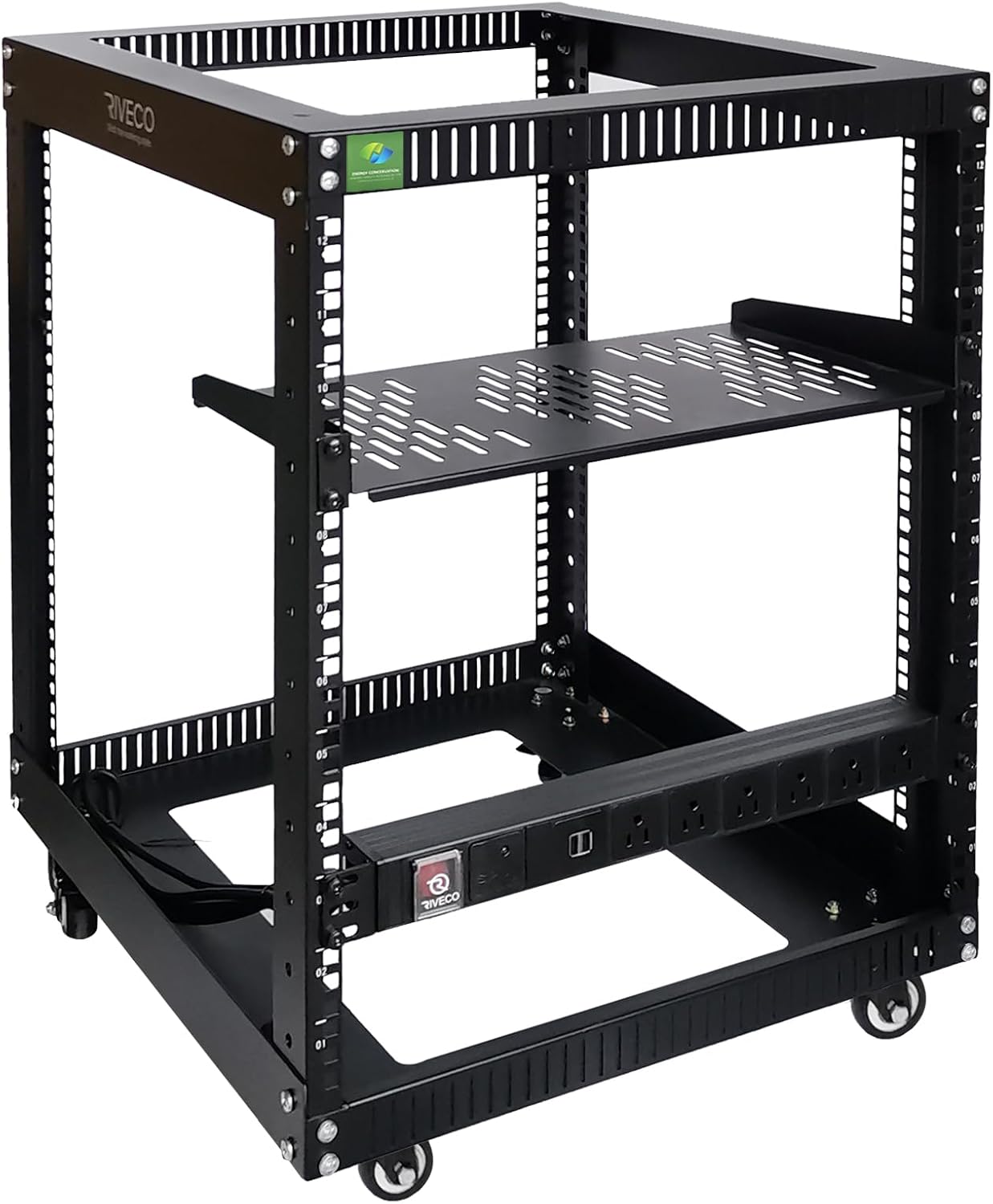 RIVECO 19' 12U Server Rack Open Frame with Wheels + PDU (8 Outlets) Power Strip Surge Protector + 1U Rack Shelf Cantilever Tray Set Black