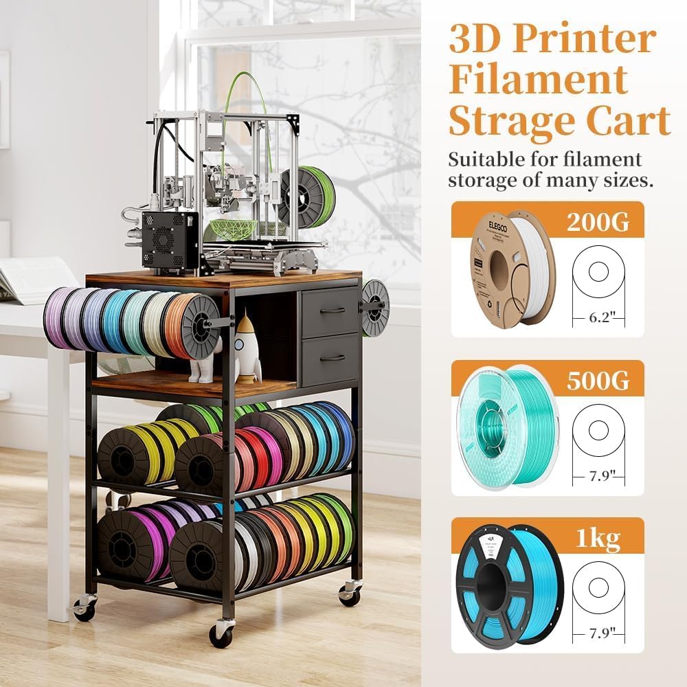 3D Printer Stand with Filaments Storage, Rolling 3D Printer Table Filament Storage Rack with Drawer and Lockable Wheels, Heavy Duty Spool Organizer Rack for Workshop Studio Office