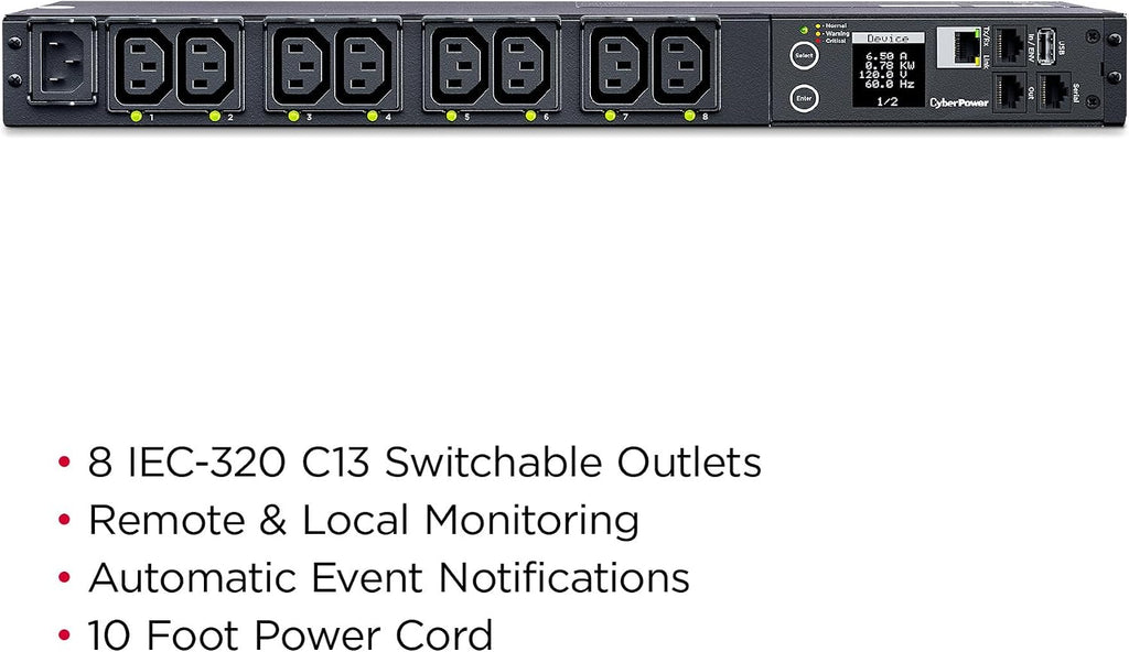 CyberPower PDU41004 Switched PDU, 100-240V/12A, (Derated to 12A UL /10A CE), 8 Outlets (C13), Input (C14) 10 ft. Cord, 1U Rackmount, 3 Year Warranty - Black