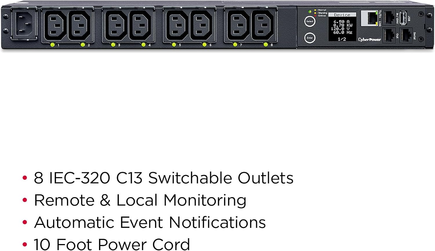 CyberPower PDU41004 Switched PDU, 100-240V/12A, (Derated to 12A UL /10A CE), 8 Outlets (C13), Input (C14) 10 ft. Cord, 1U Rackmount, 3 Year Warranty - Black
