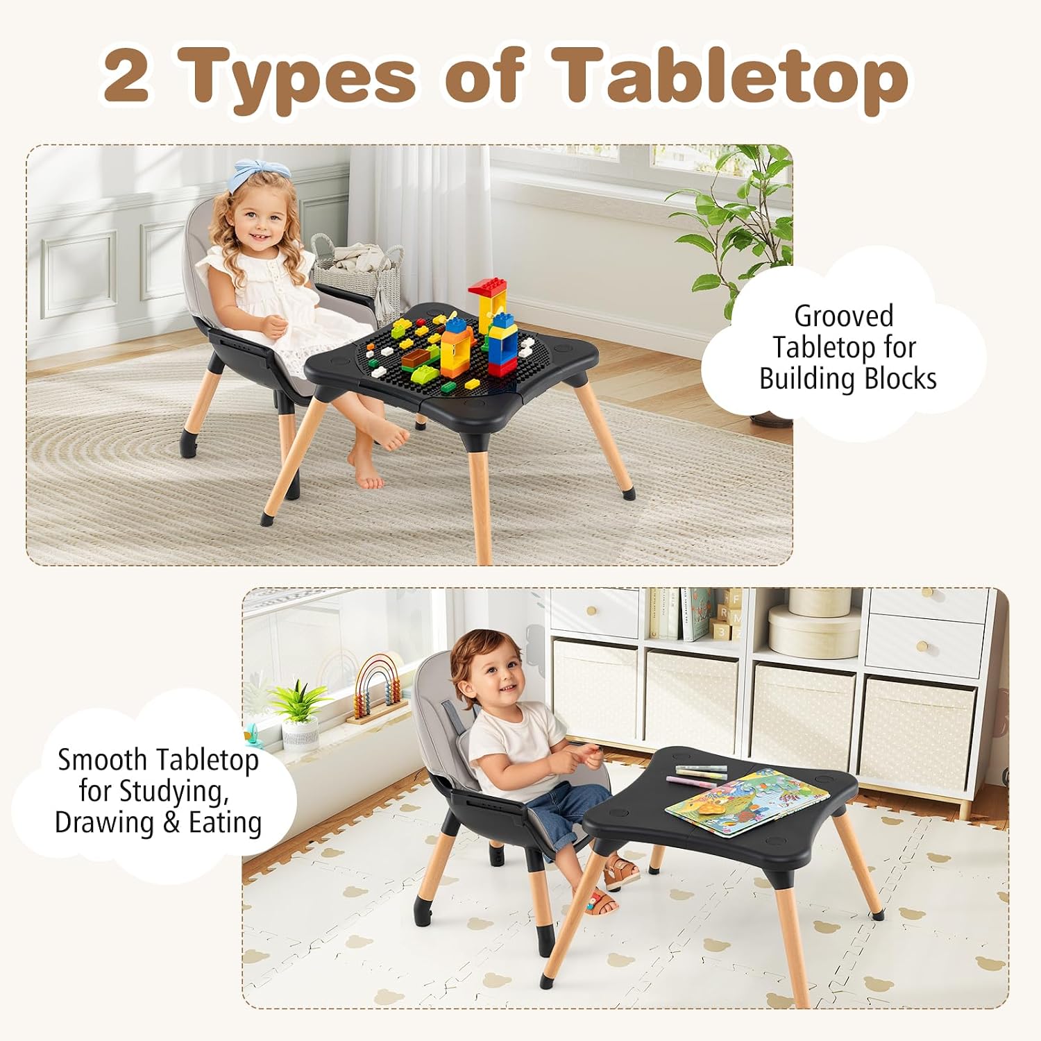 BABY JOY 6 in 1 High Chair, Convertible High Chairs for Babies and Toddlers/Booster Seat/Table and Chair Set, Infant Wooden Highchair w/ 5-Point Harness, 4-Position Removable Tray & PU Cushion (Black)