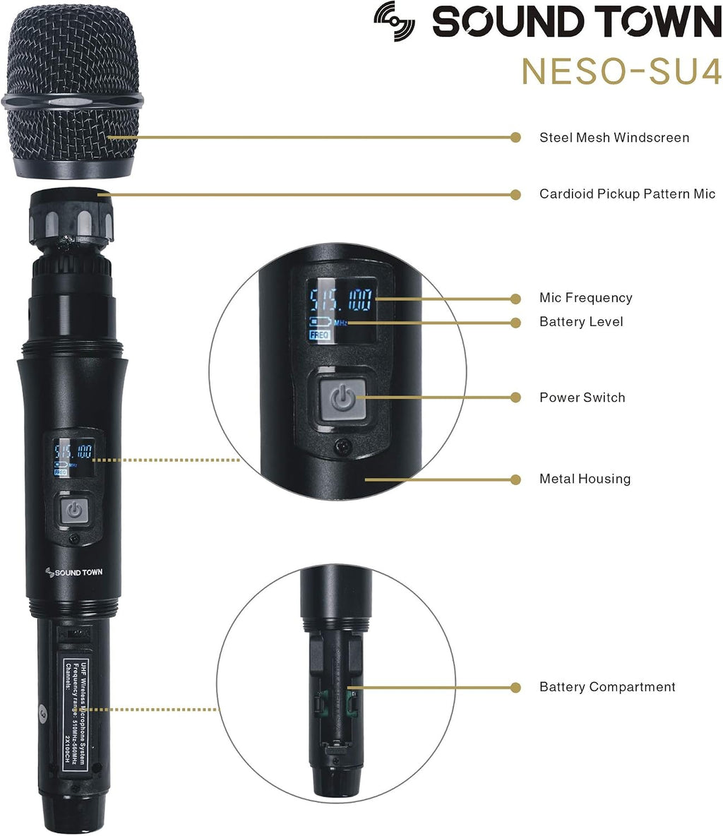 Sound Town 200 Channels Adjustable UHF Wireless Microphone System with Metal Receiver, 4 Handheld Mics and Auto Scan, for Church, School, Outdoor Wedding, Meeting, Party and Karaoke (NESO-SU4HH)