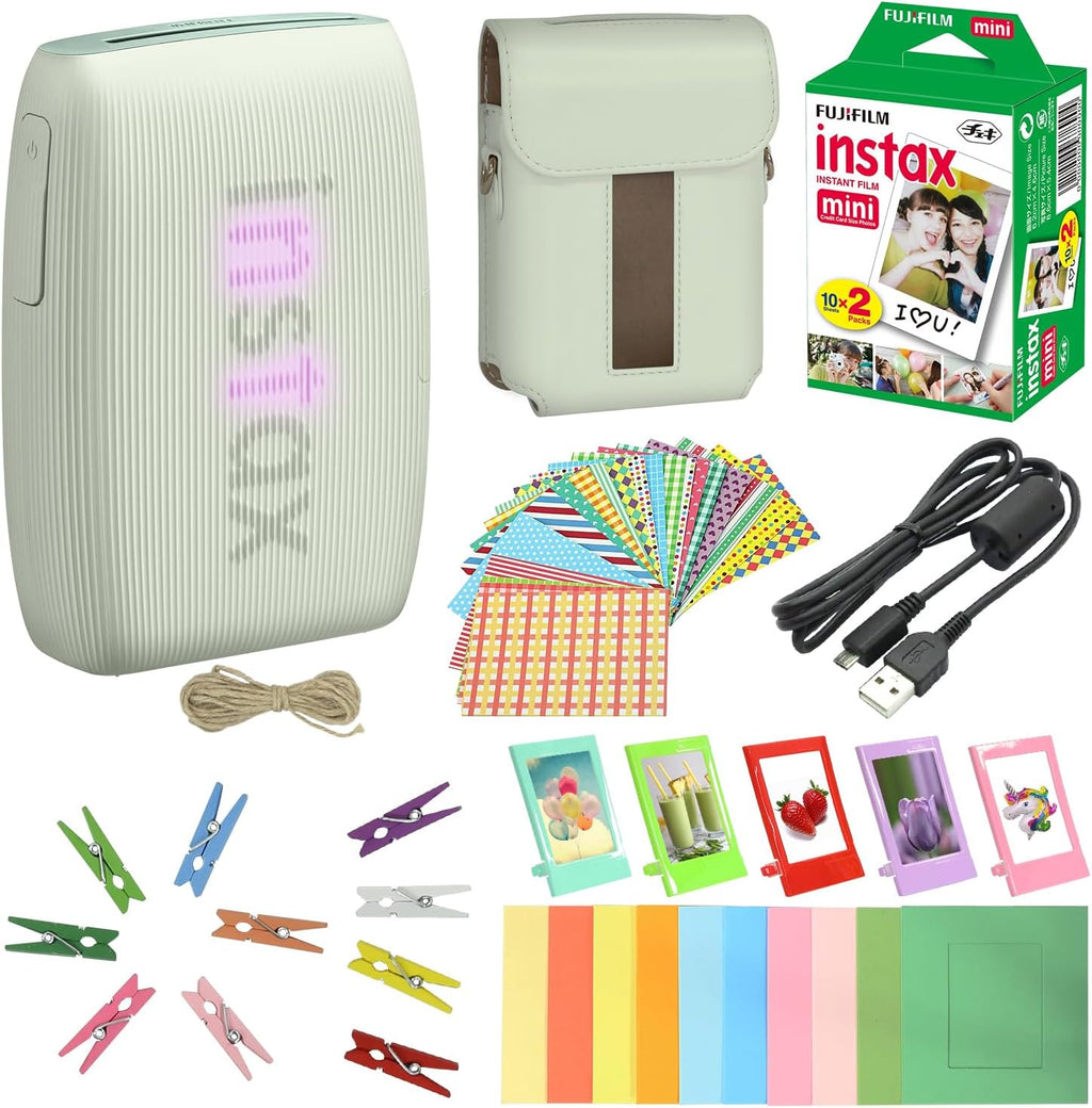 Bundle with Compatible Fuji Mini Link 3 Smartphone Printer Clay White + Fuji Film Value Pack 20 Sheets Accessories Bundle with Album + 5 Plastic Desk Frames + Paper & Sticker Frames (Sage Green)