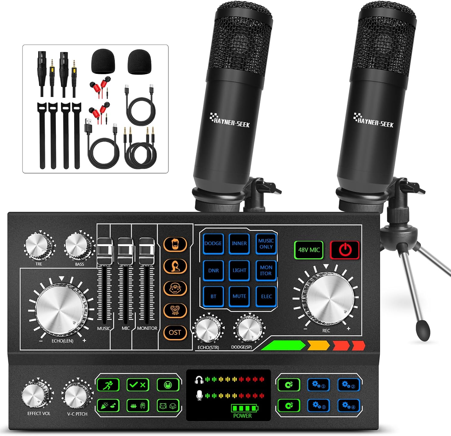 Podcast Equipment Bundle for 2, Audio Interface, Voice Changer with 3.5mm Condenser Microphone, Dual BT Wireless, 48V Phantom Power Supply for PC/Smartphone/Laptop,Streaming Recording,TikTok