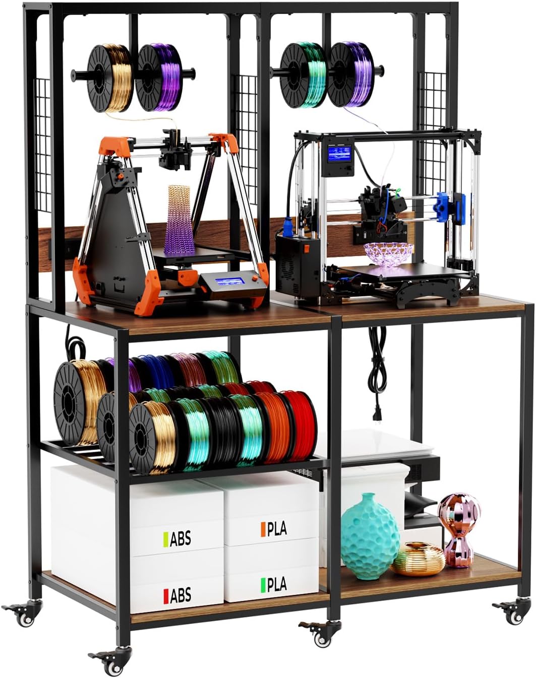 Double 3D Printer Stand with Filament Storage, Heavy-Duty Metal & MDF Dual Printer Workbench, T-Type Filament Holders, Lockable Wheels, Mobile 3D Printing Workstation for Home Studio & Workshop