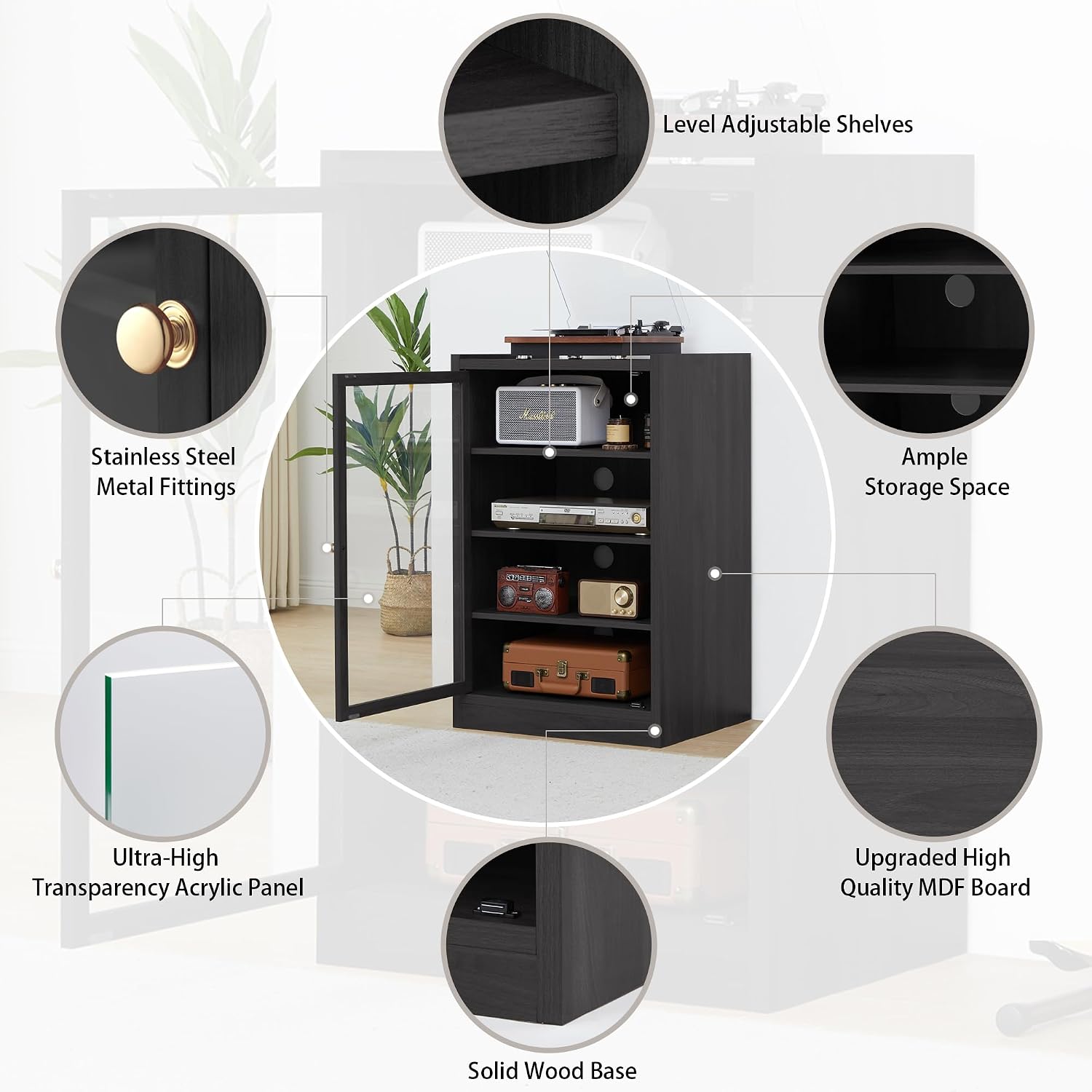 LEVNARY Media Cabinet with Door, Black 5-Tier Stereo Cabinet with Adjustable Shelves, AV Media Storage Shelf with Cable Management, Audio-Video Rack Stand for Living, Gaming, Recording Room (Black)