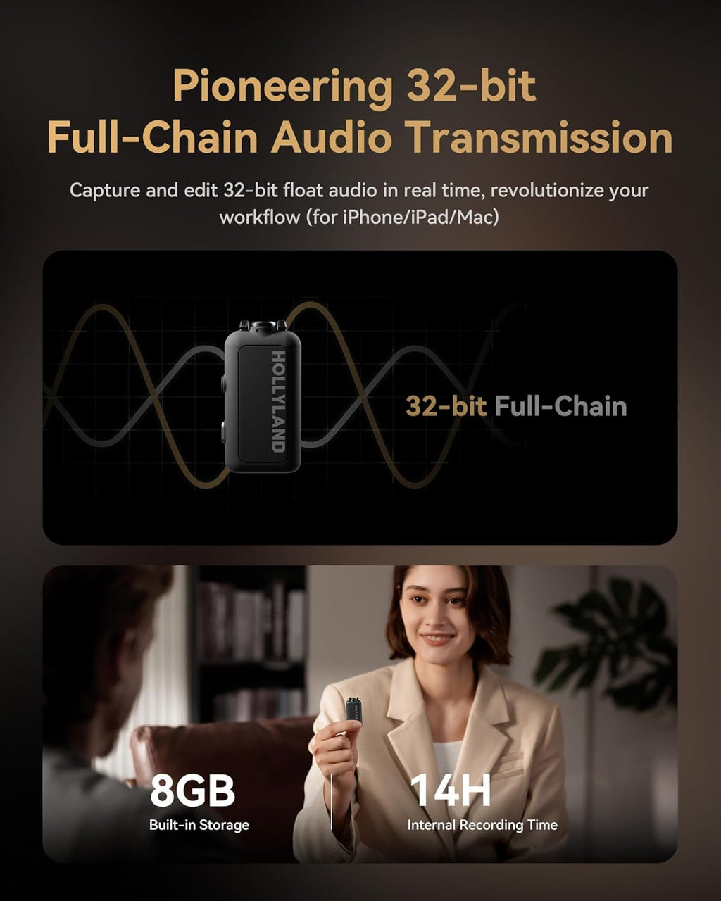 Hollyland Lark MAX 2 Wireless Microphone for iPhone/Camera/Android, AI Noise Cancelling, 32-bit Full-Chain Audio, 1115ft (340m) Range, Vlog, Streaming (1 TX + 1 Camera RX)