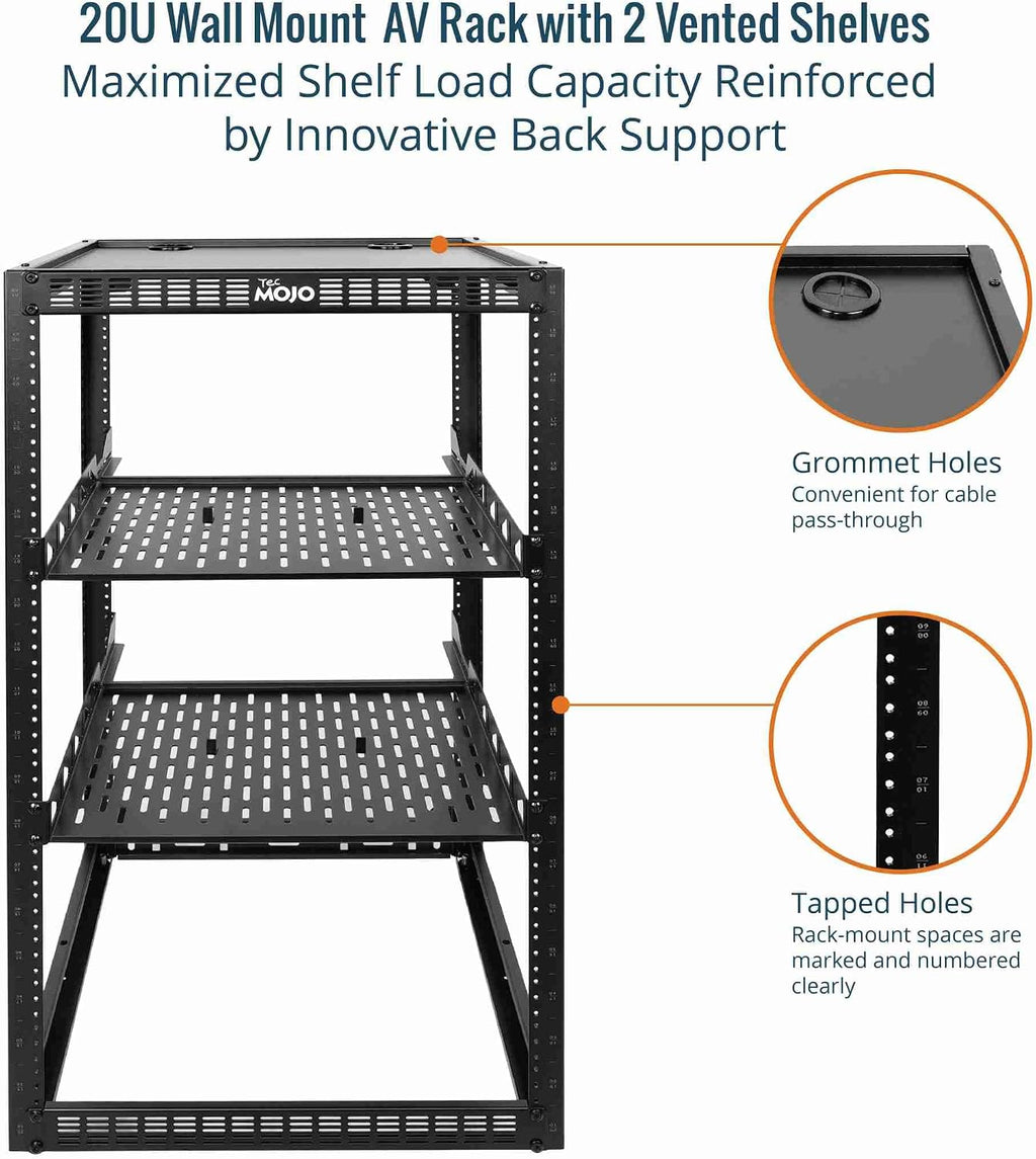 Tecmojo 20U Open Frame Network Rack for IT & AV Gear, AV Rack Floor Standing or Wall Mounted,with 2 PCS 1U Rack Shelves & Mounting Hardware,Network Rack for 19' Networking,Audio and Video Device