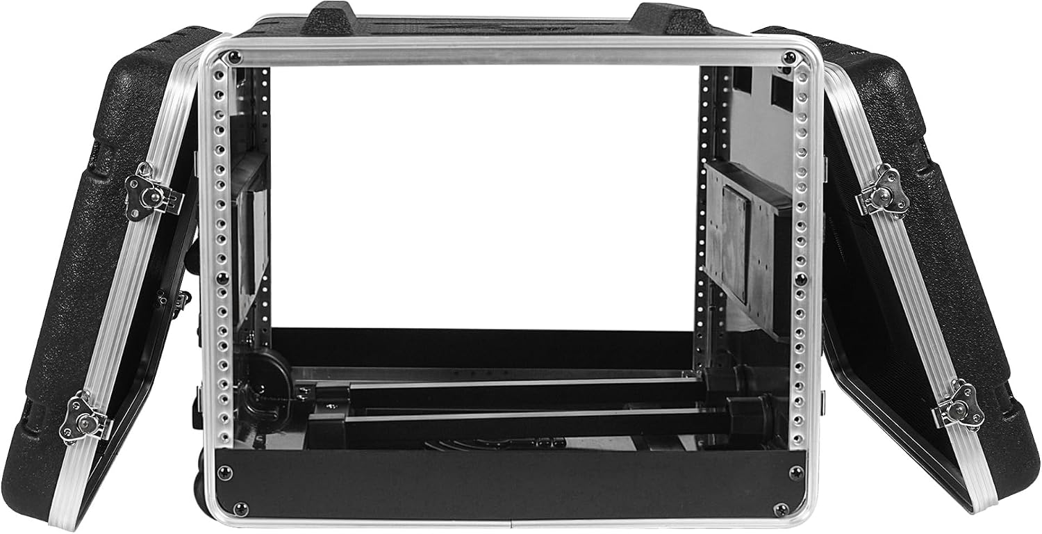 Sound Town Lightweight 8U PA DJ Rack/Road Case with 7U Rack Space, ABS Construction, 19' Depth, Retractable Handle, Wheels and Heavy-Duty Latches (STRC-A8UT)
