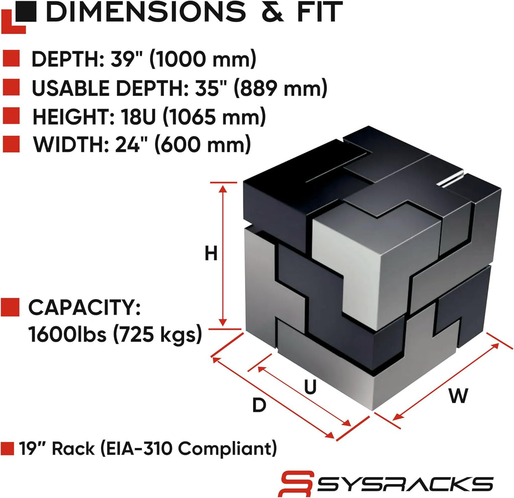 Sysracks 18U Server Rack Cabinet, 39' Deep 19' Floor Standing Enclosed Network Rack for Home Lab, NAS, UPS & AV Gear, Vented Doors, 4 Fans, PDU, Shelf, 1600 lb Capacity