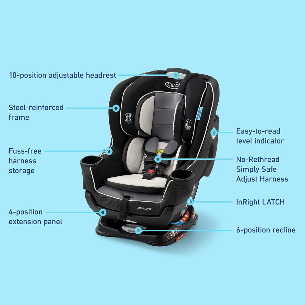 Graco Extend2Fit Convertible Car Seat, Rear and Forward Facing Car Seat with Adjustable Extension Panel for Extra Legroom, Great Gift for Baby Shower or Baby Registry, Gotham
