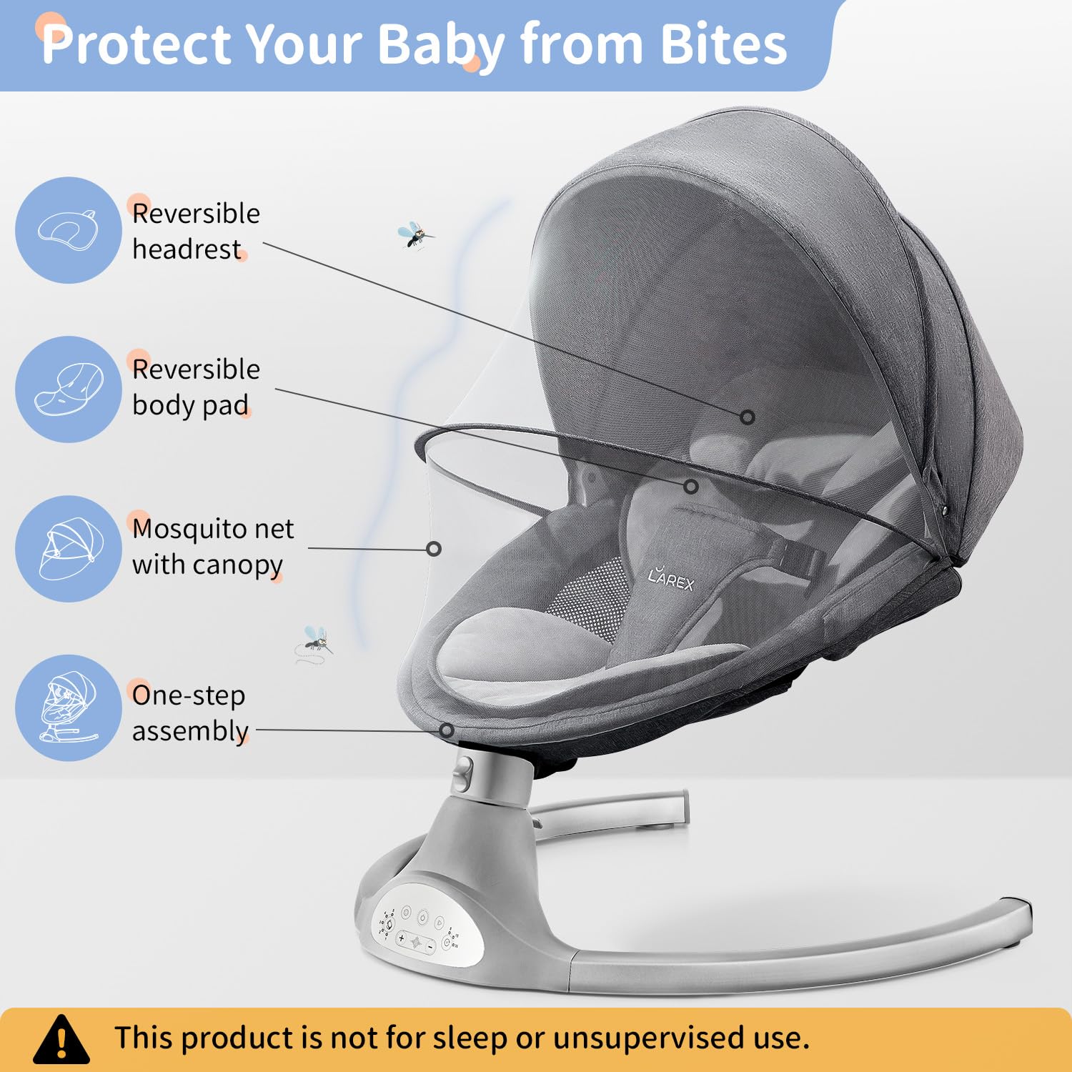 LAREX Baby Swing Infant Swing Electric Toddler Baby Rocker Portable for Newborn Boy Girl, 5 Sway Speeds with Remote Control, 10 Preset Melodies and Bluetooth, 0-6 Months Max 20 Lbs (Gray)
