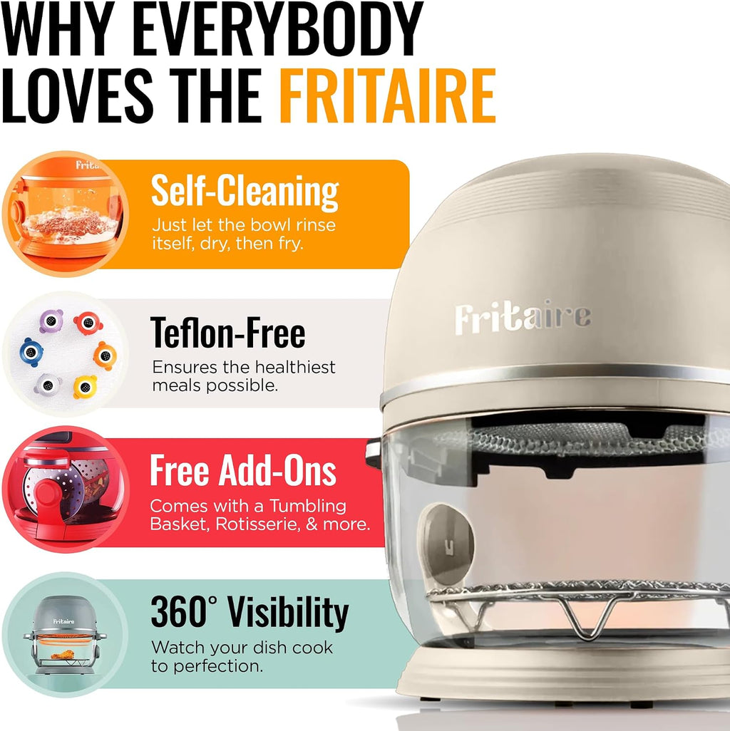 Non Toxic Air Fryer™ Pro | 9-in-1 Glass Air Fryer | Self-Cleaning | 5 Quart | Rotisserie and Tumbler | 400F Vortex For Even Cooking, BPA-Free Teflon Free, Recrisp, Roast, Bake, White