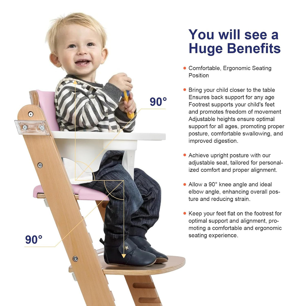 Cowiewie Natural Wooden High Chair for Babies & Toddlers 3-Tier Remove Adjustable Tray and Highchair with Cushions, Easy to Clean, Portable. (Pink)