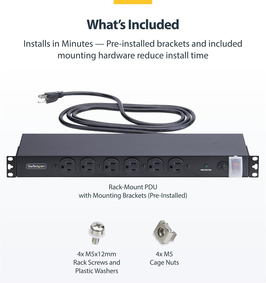 StarTech.com 14-Outlet Rackmount PDU, 1U Server Rack Accessories Surge Protector Power Strip, 6X Front and 8X Rear Ports, Rack Mount Power Distribution Unit Outlet Strip with 8ft Power Cord