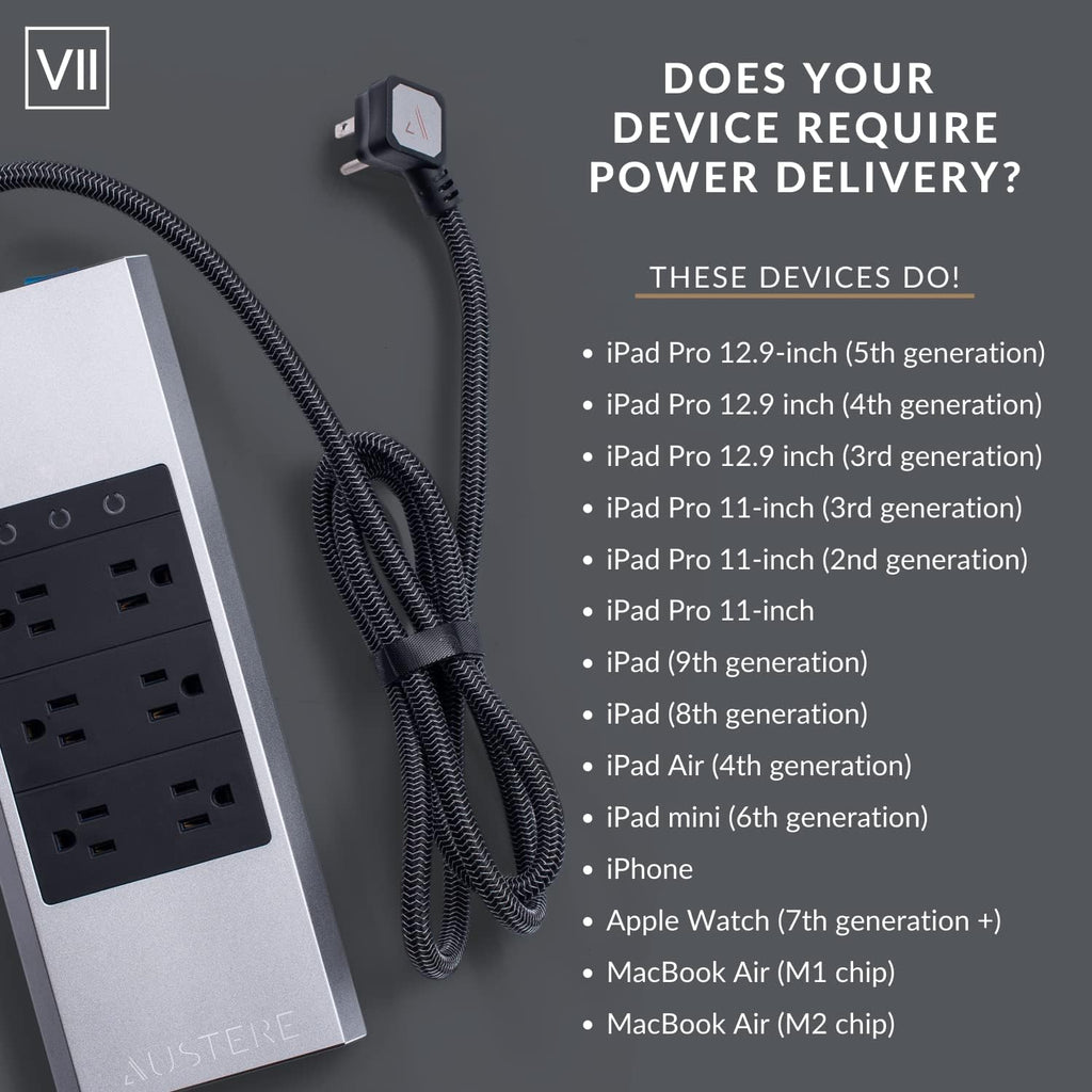 Austere VII Series, 6 Outlet Surge Protector Power Strip, 4000 Joules, Isolated EMI/RFI Filtering, 1 USB-C 45W Fast Charger, 2 USB-C and 2 USB-A 2.4 amp Ports, 7 Year Component Guarantee