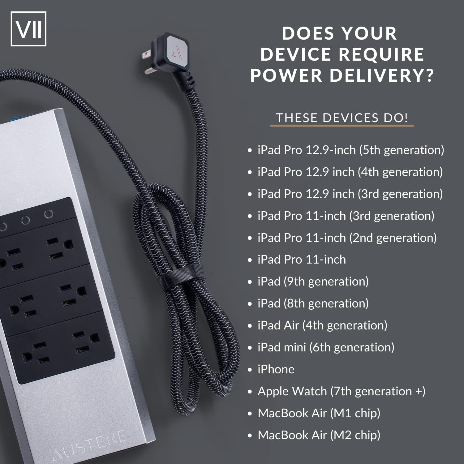 Austere VII Series, 6 Outlet Surge Protector Power Strip, 4000 Joules, Isolated EMI/RFI Filtering, 1 USB-C 45W Fast Charger, 2 USB-C and 2 USB-A 2.4 amp Ports, 7 Year Component Guarantee