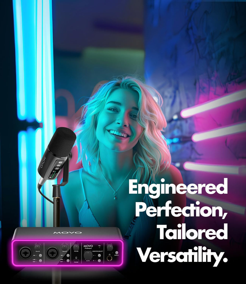 Movo Music/Audio Interface Bundle - Phantom USB Audio Interface, UM6 XLR/USB-C Dynamic Microphone, and Tabletop Stand - Professional Studio Setup for Musicians, Singers, and Producers