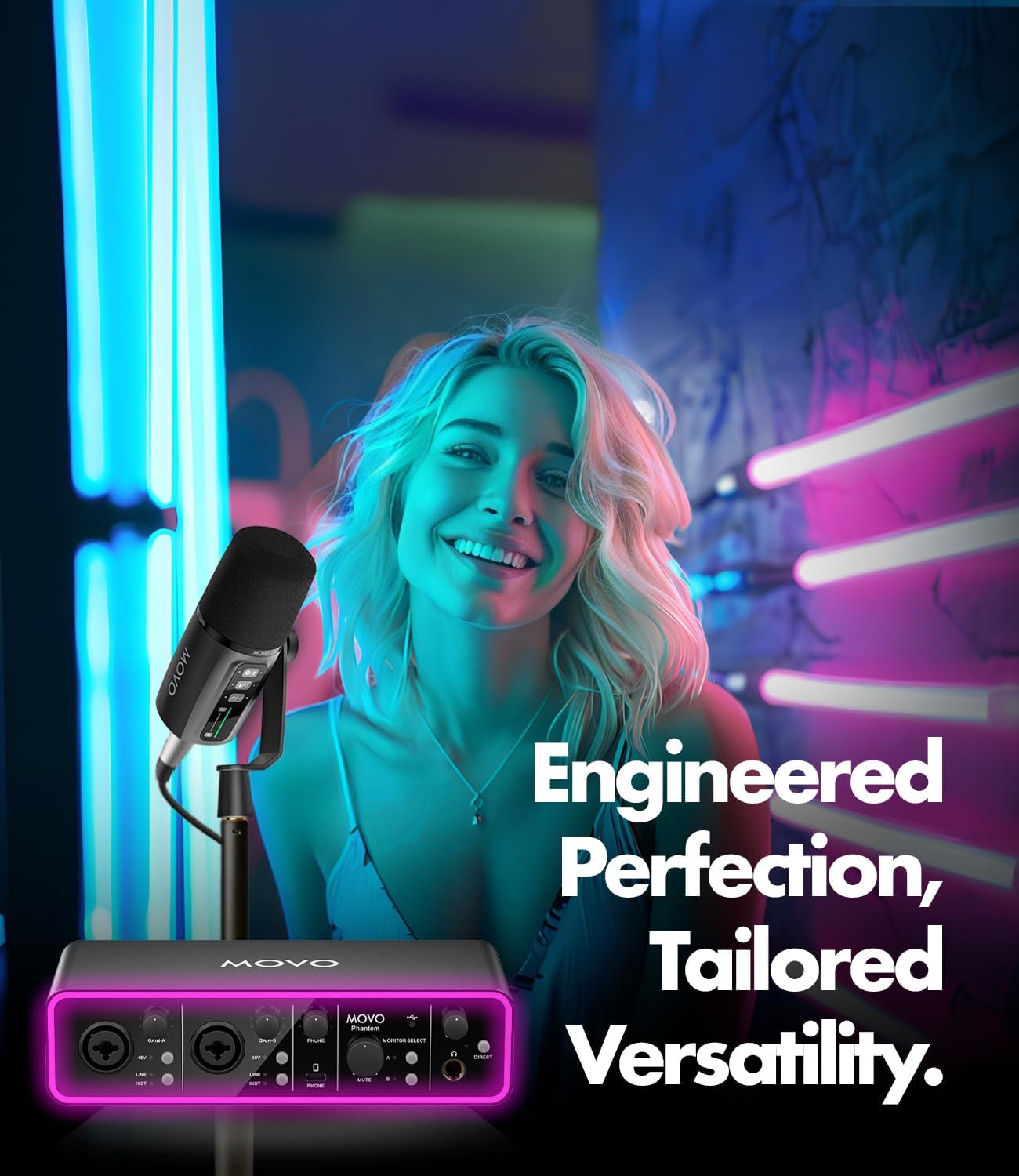 Movo Podcast Equipment Bundle - Phantom USB Audio Interface, 2 UM6 XLR/USB-C Dynamic Microphones, and 2 Tabletop Stands - Dual Microphone Setup for Professional Podcasting and Streaming