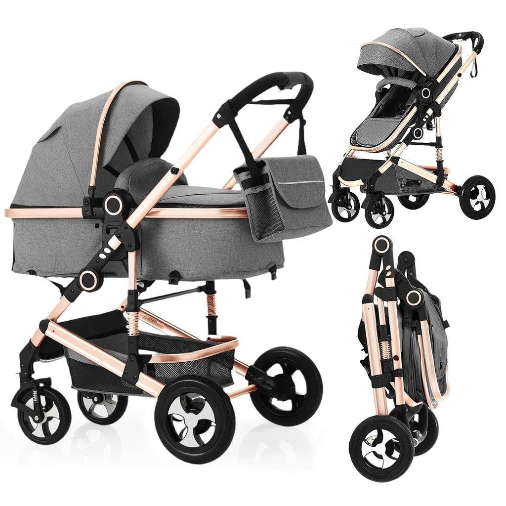2 in 1 Baby Stroller, Convertible Pushchair Stroller w/Reversible Seat, Foldable Newborn Pram Carriage, Adjustable Canopy, Storage Basket, Diaper Bag & Cup Holder, 0-36 Months (Golden)