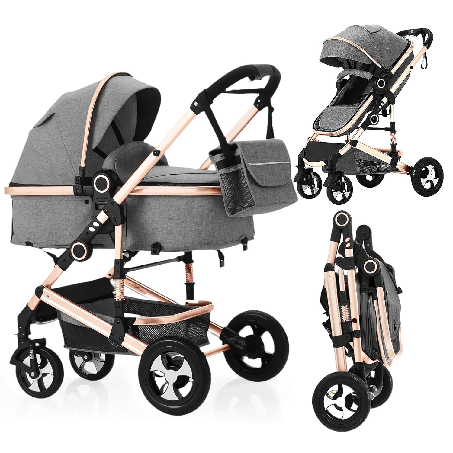 2 in 1 Baby Stroller, Convertible Pushchair Stroller w/Reversible Seat, Foldable Newborn Pram Carriage, Adjustable Canopy, Storage Basket, Diaper Bag & Cup Holder, 0-36 Months (Golden)