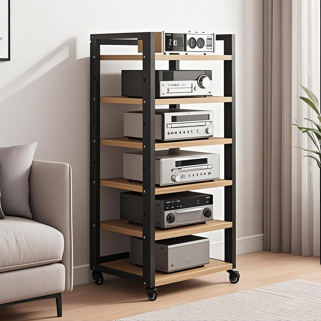 6 Tier AV Media Stand, Movable Record Player DVD CD Audio Rack Tower Holder, Adjustable Entertainment Video Game Equipment Cabinet Shelf for Home/Office/Theater (Wood Color)