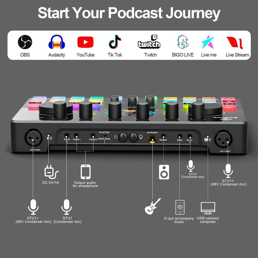 Podcast Equipment Bundle for 2 with Dual 48V XLR Condenser Micophones with Mic Pop Filters Audio Equipment for Live Streaming/Recording, Online Gaming for Phone/Laptop/PC Audio Interface M100