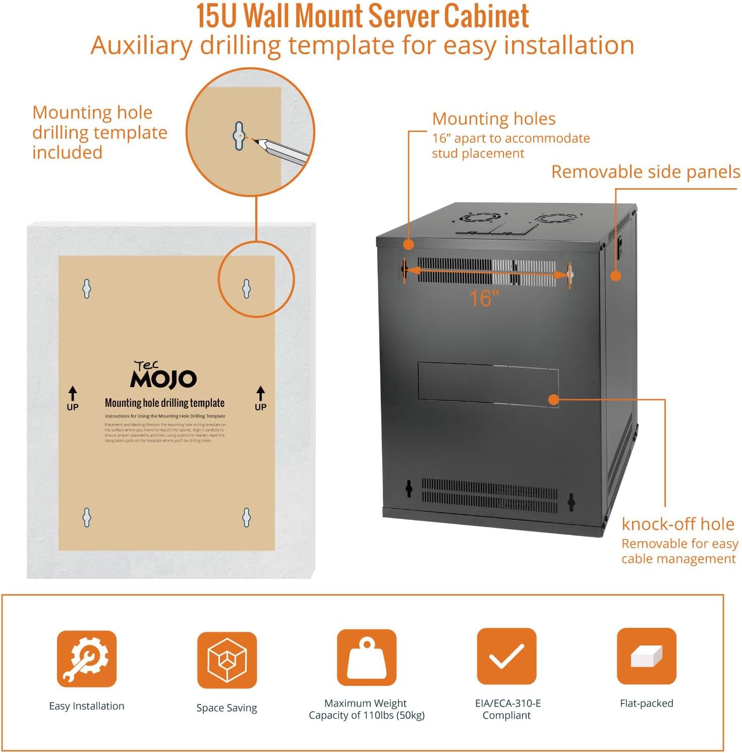 Tecmojo 15U Wall Mount Rack Network Cabinet for 19' IT Equipment,with Lockable Glass Door and Side Panels,Cooling Fan,17.7inch Depth,Black (15U)