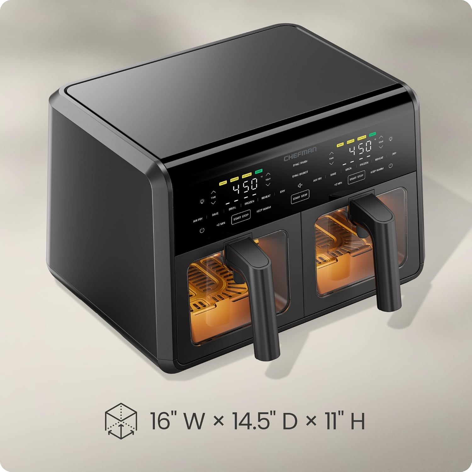 Chefman Dual Air Fryer Oven with DC Motor, 9 Qt. Double Basket Air Fryer with 450°F Max Temp for Meals in Minutes, Bake, Broil, Dehydrate, Reheat for Extra-Crispy Chicken, Fries, and More - Black