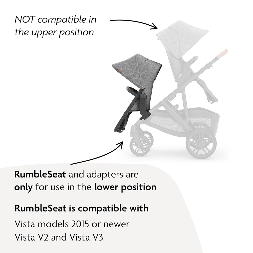 UPPAbaby RumbleSeat V2+ Second Lower Seat/Compatible with Vista V2 and Vista V3 / Adapters, Bumper Bar, Bug Shield Included/Gregory (Blue Mélange/Silver Frame/Saddle Leather)