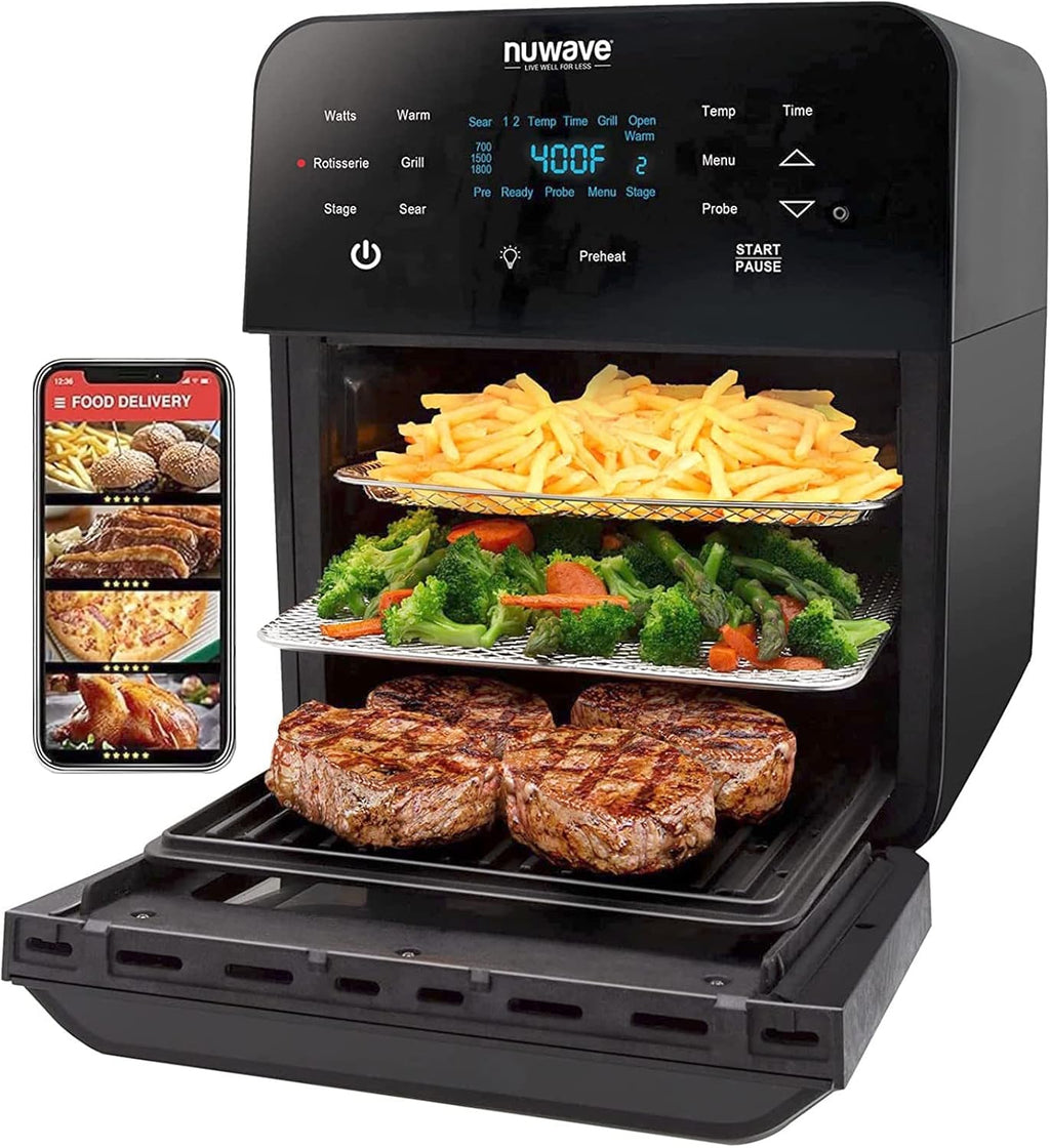 Nuwave Brio Air Fryer Oven, 15.5Qt X-Large Family Size, SS Rotisserie Basket &Skewer-Kit, Reversible Ultra Non-Stick Grill/Griddle Plate, Powerful 1800W, Integrated Smart Thermometer,Black
