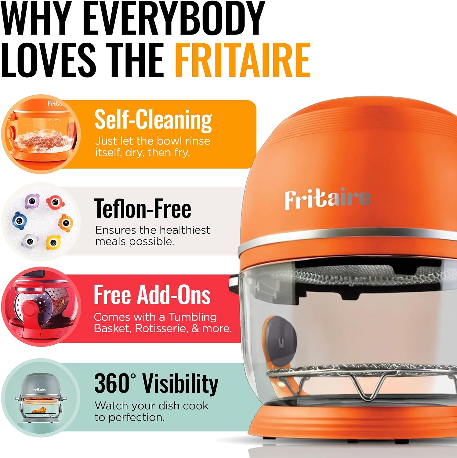 Non Toxic Air Fryer™ Pro | 9-in-1 Glass Air Fryer | Self-Cleaning | 5 Quart | Rotisserie and Tumbler | 400F Vortex For Even Cooking, BPA-Free Teflon Free, Recrisp, Roast, Bake, Orange