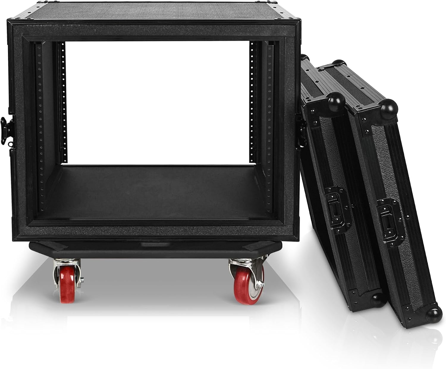 Sound Town Black Series Shock Mount 8U ATA Plywood Rack Case with 21' Rackable Depth, All-Black Anodized Hardware and Casters, Pro Tour Grade (STRC-SPB8UW)