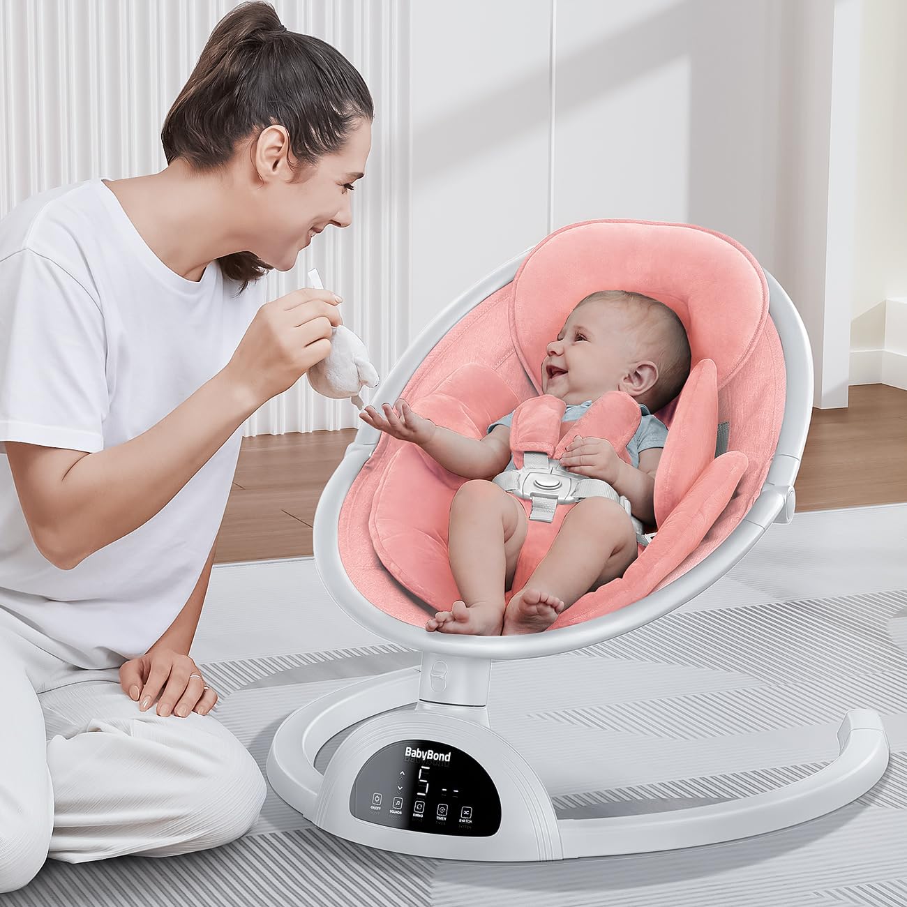 BabyBond Baby Swings for Infants, Bluetooth Infant Swing with Music Speaker, 3 Seat Positions, 5 Point Harness Belt, 5 Speeds and Remote Control - 1 Pcs (Pink)