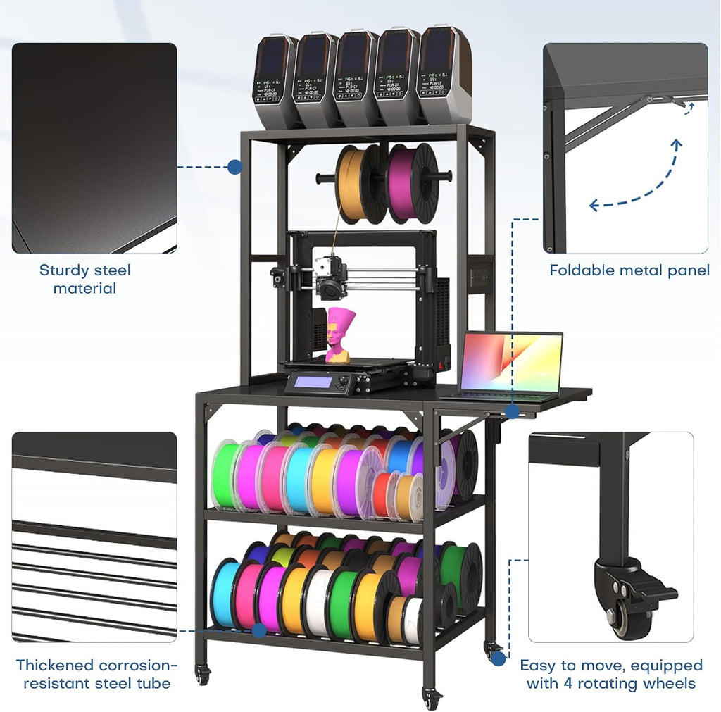 3D Printer Stand with Filaments Storage, 3D Printer Table Filament Storage Rack with Power Outlets Heavy Duty Printer Cart Desk for Workshop Studio Office