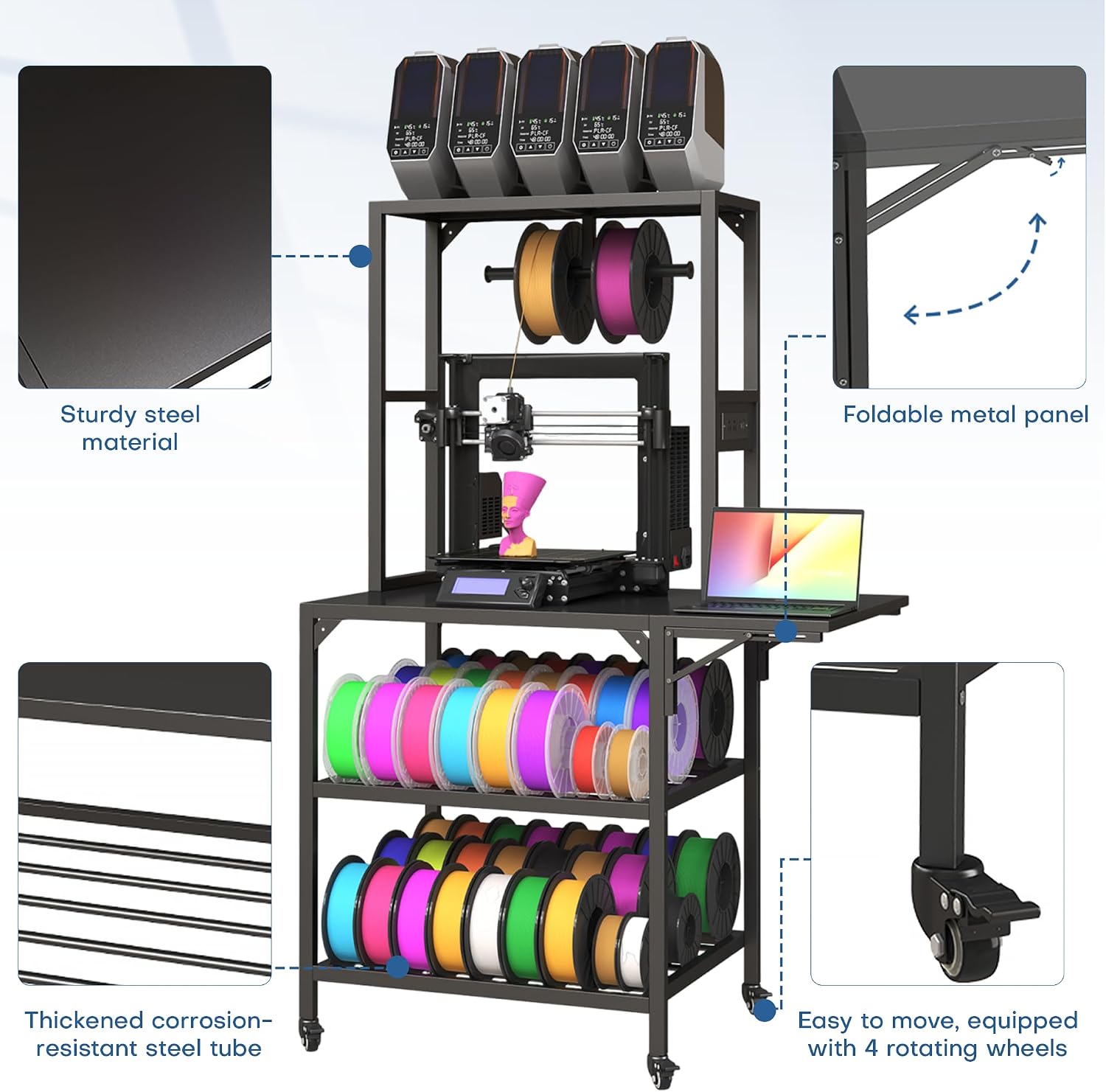 3D Printer Stand with Filaments Storage, 3D Printer Table Filament Storage Rack with Power Outlets Heavy Duty Printer Cart Desk for Workshop Studio Office