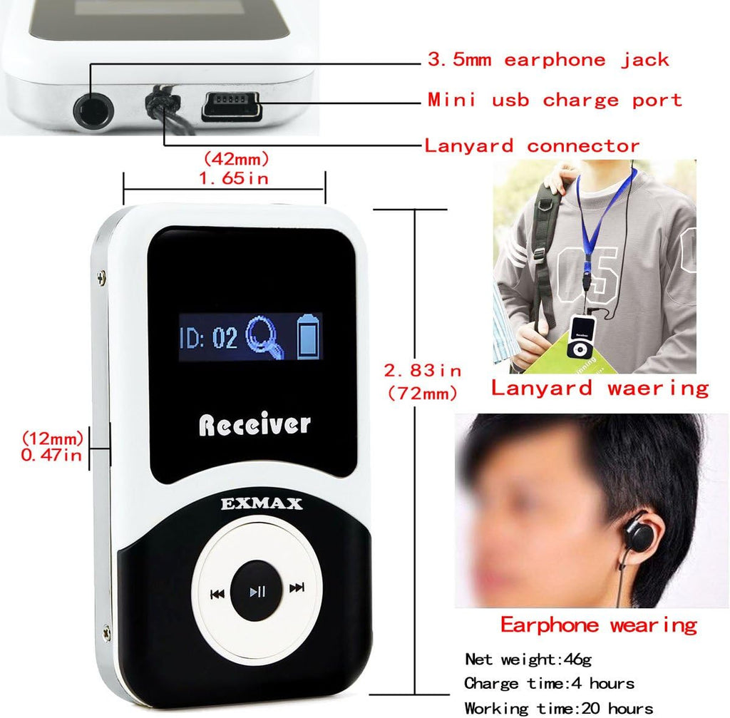 EXMAX ATG-100T 195MHz Wireless Tour Guide System Headsets Voice Transmission For Simultaneous Church Translation Translator Interpretation Equipment Teaching Conference Trip(1 Transmitter 6 Receivers)