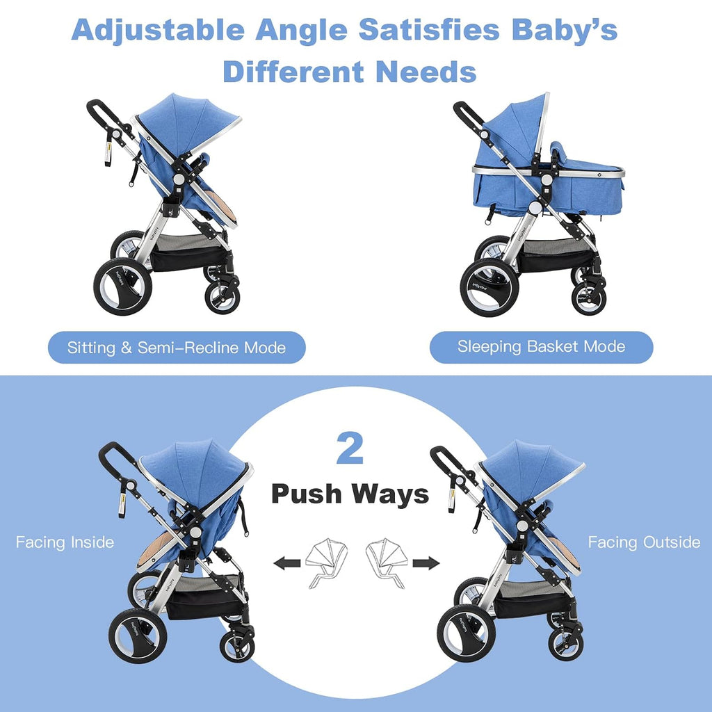 BABY JOY Baby Stroller, 2-in-1 Convertible Bassinet Reclining Stroller, Foldable Pram Carriage with 5-Point Harness, Including Cup Holder, Foot Cover, Diaper Bag, Aluminum Structure, Blue