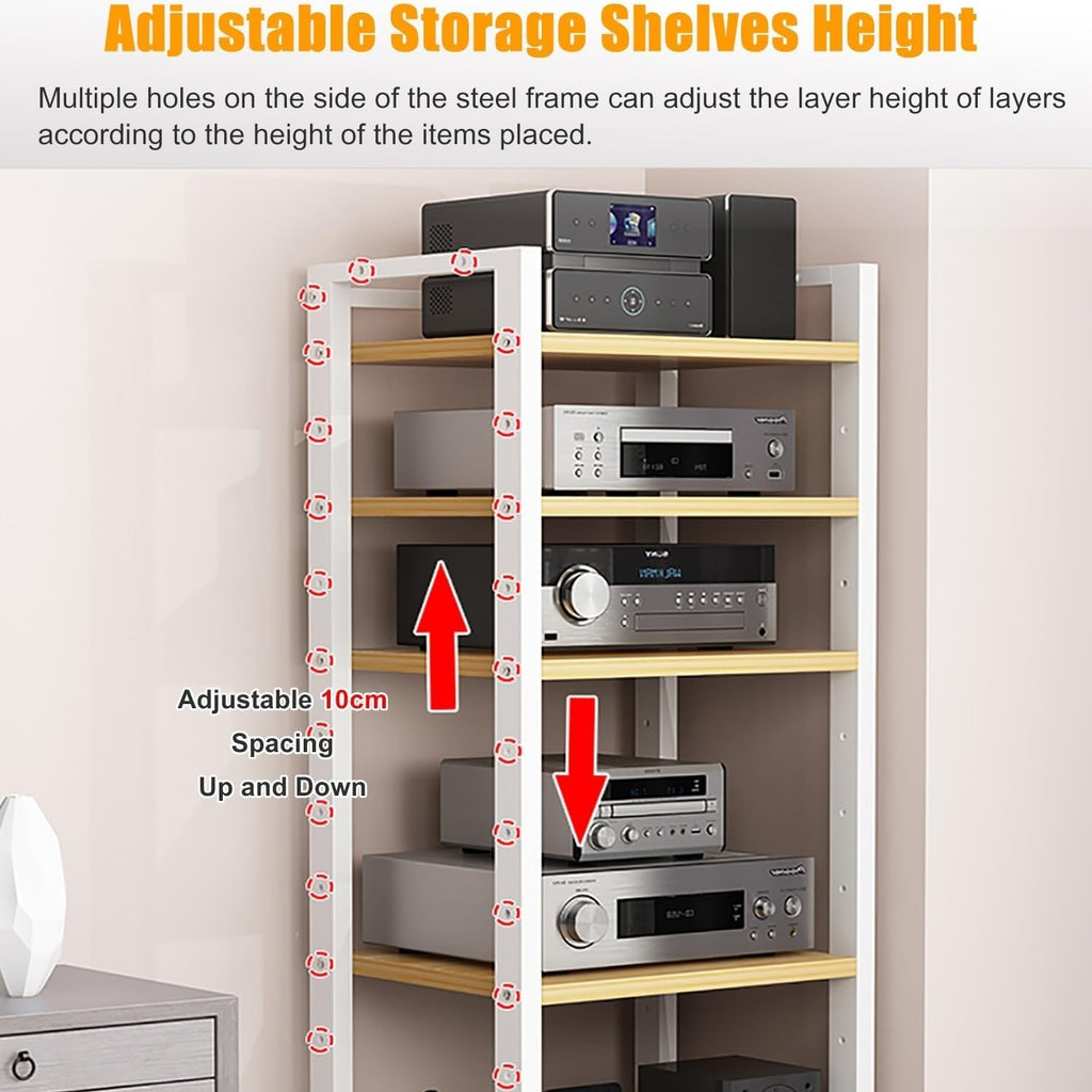 7-tier Av Media Stand, Audio Rack With Adjustable Shelves, Stereo Racks And Stands With Wheels, Stereo Rack For Home, Office, Theater(B)