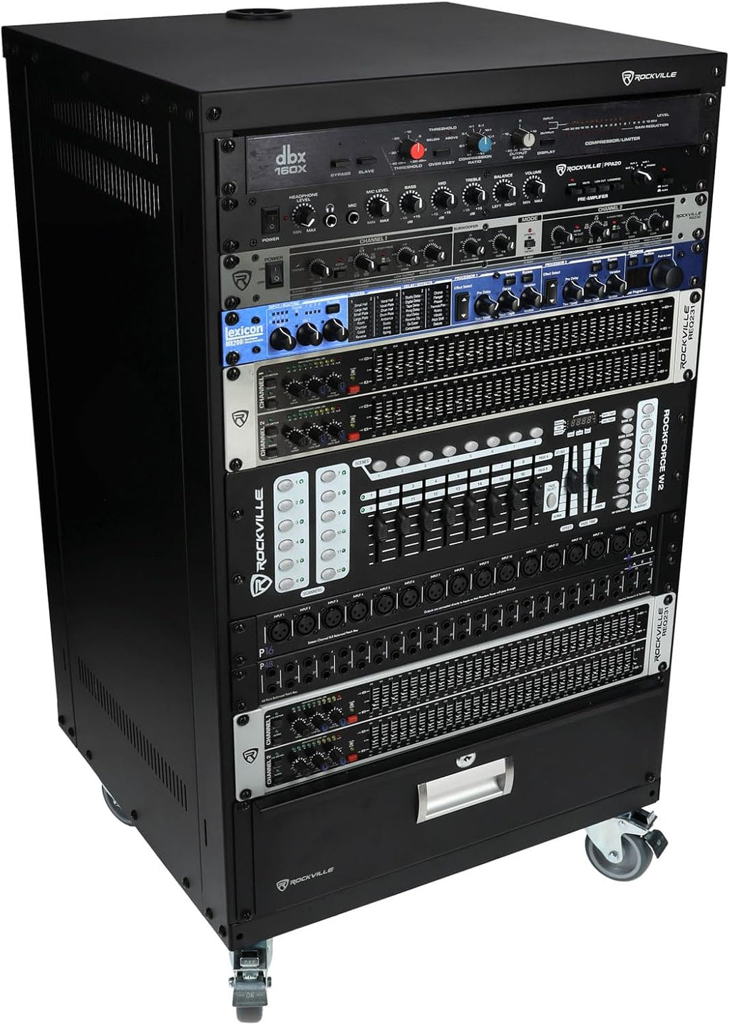 Rockville RR16U 16U Live Sound/Recording Studio Rack Case with Wheels, Reversible Rack Rails, Front & Rear Mounting, Cable Management Ports, 440lb Capacity