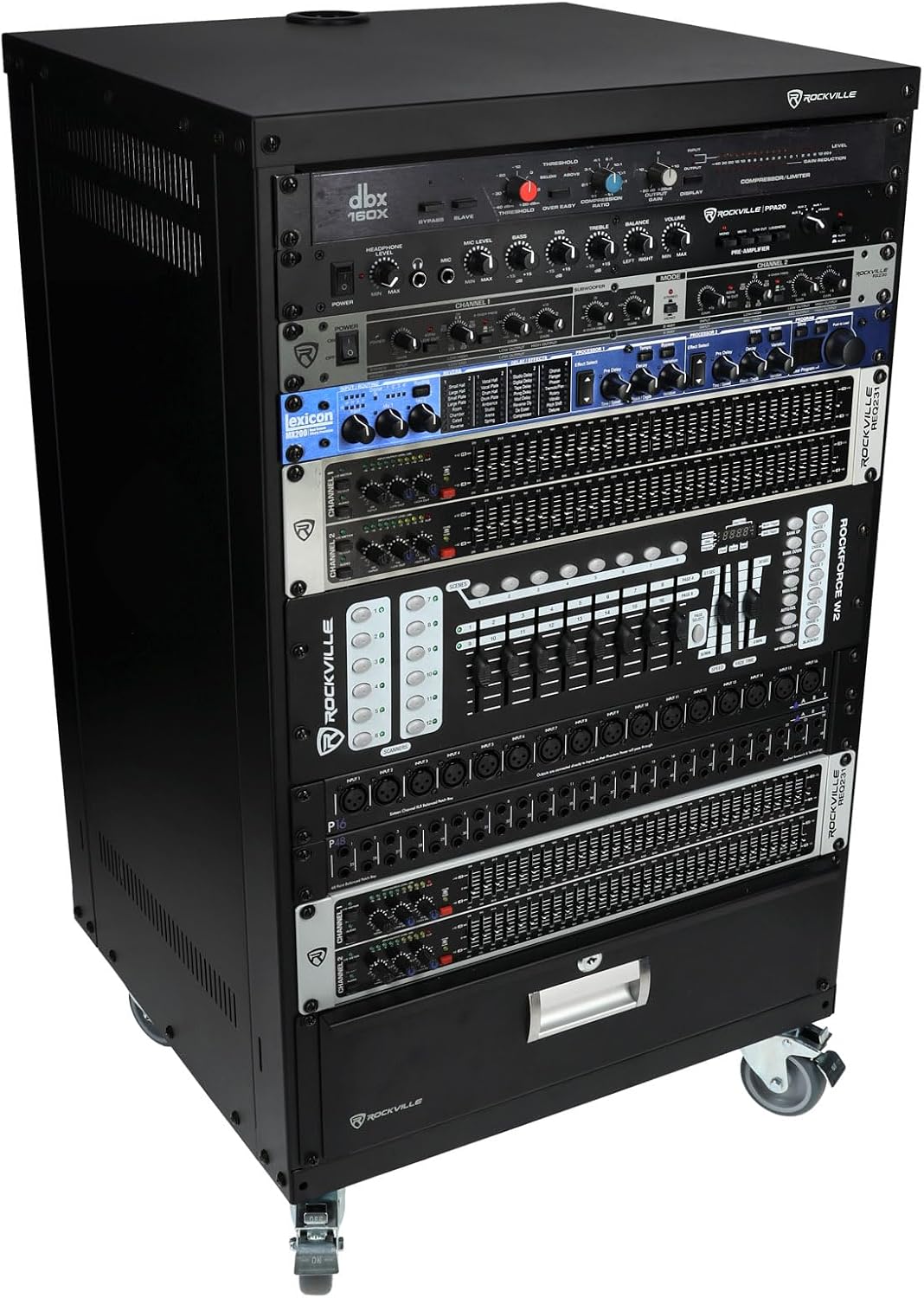 Rockville RR16U 16U Live Sound/Recording Studio Rack Case with Wheels, Reversible Rack Rails, Front & Rear Mounting, Cable Management Ports, 440lb Capacity