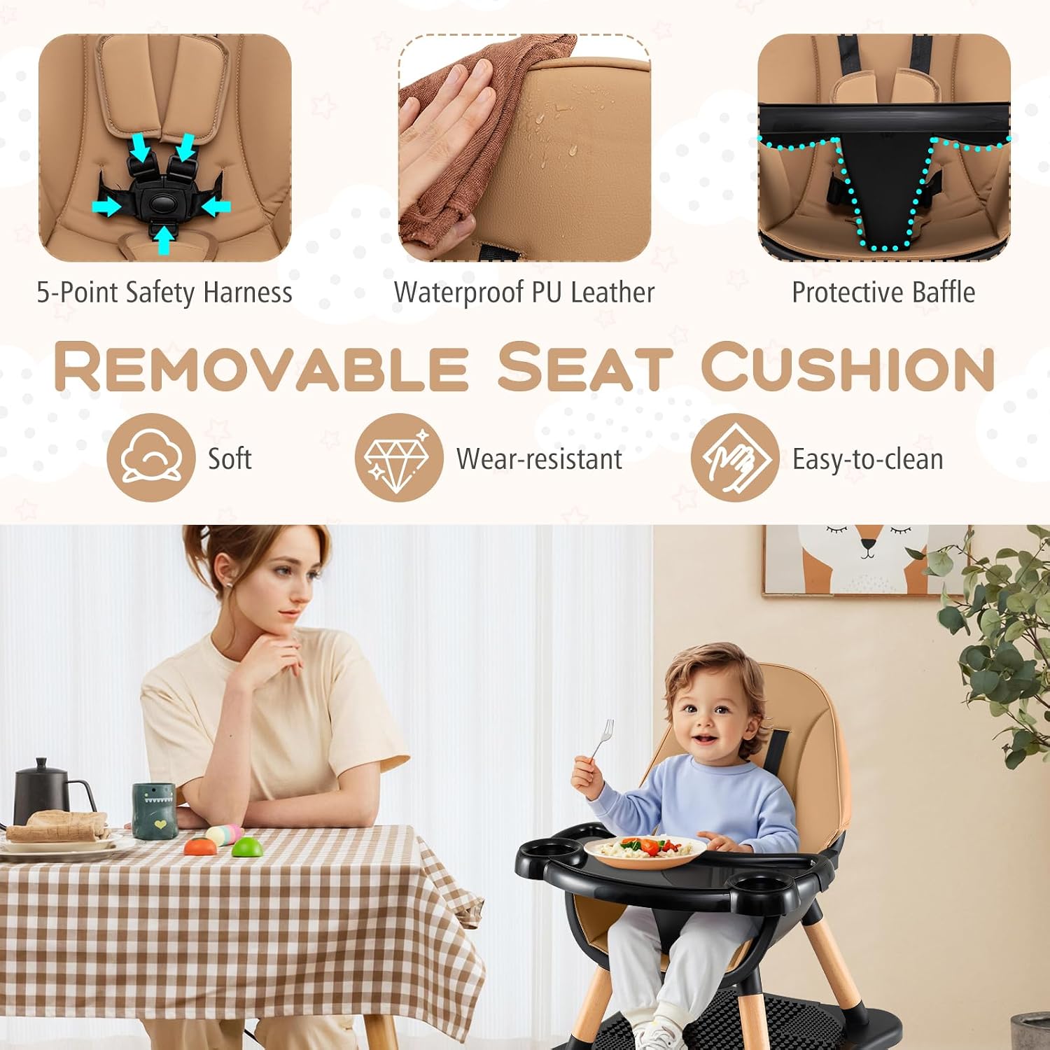 HONEY JOY Baby High Chair, 6-in-1 Convertible Wooden Highchair for Babies and Toddlers/Table Set/Toddler Chair with Safety Harness, 4-Position Removable Feeding Tray (Coffee)