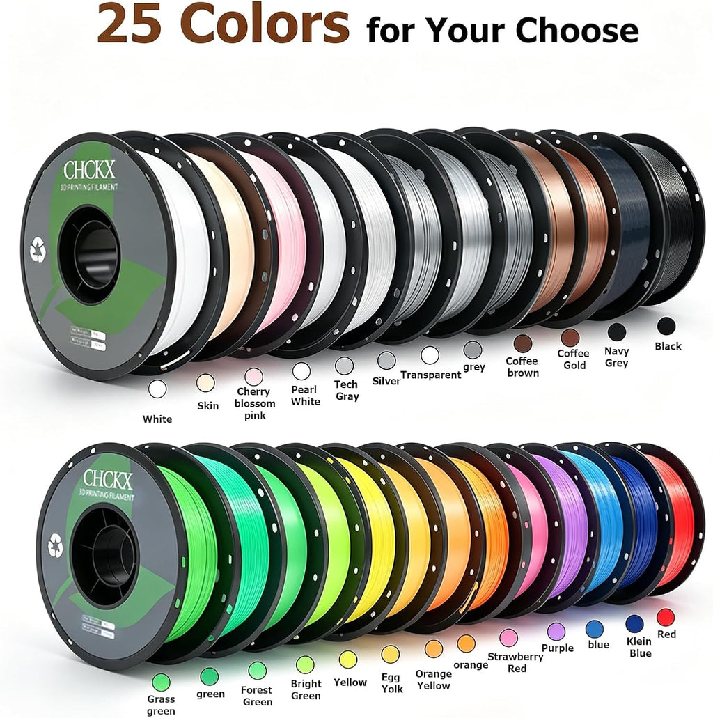 16Rolls PETG Filament Bundle Filament Bulk,1.75 mm Black+White+Grey+Red+Green+Blue+Purple+Skin+Silver+Yellow+Transparent+Coffee+Cherry Blossom Pink+Orange+Navy Gray+Grass Green.