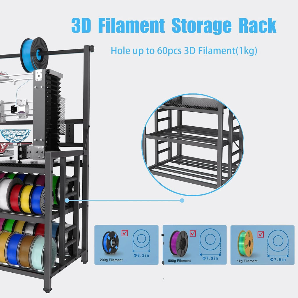 3D Printer Table with Filament Storage Printer Stand with Power Outlet,Heavy Duty 3D Printer Storage rack for ABS, PLA, TPU Filament Spools, Home Offices and Studios Carbon Fiber Black
