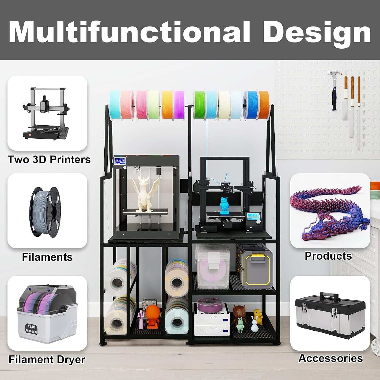 PUNCIA Dual-Row 3D Printer Stand with Filament Storage, Heavy-Duty Rack with Power Outlet - 3D Printer Table for FDM & SLA Printers, Space-Saving Desk and Cabinet with Shelves for Dual-Printer Setup