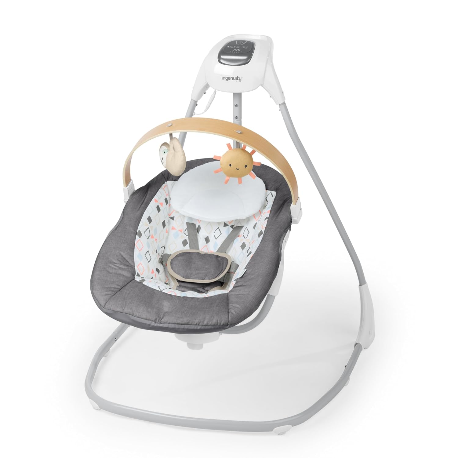 Ingenuity SimpleComfort Compact Baby Swing, Rotating Seat Swings in 3 Directions, 6 Speeds, 8 Melodies & 3 Nature Sounds, Ages 0-9 Months, Up to 20 Pounds - Parker