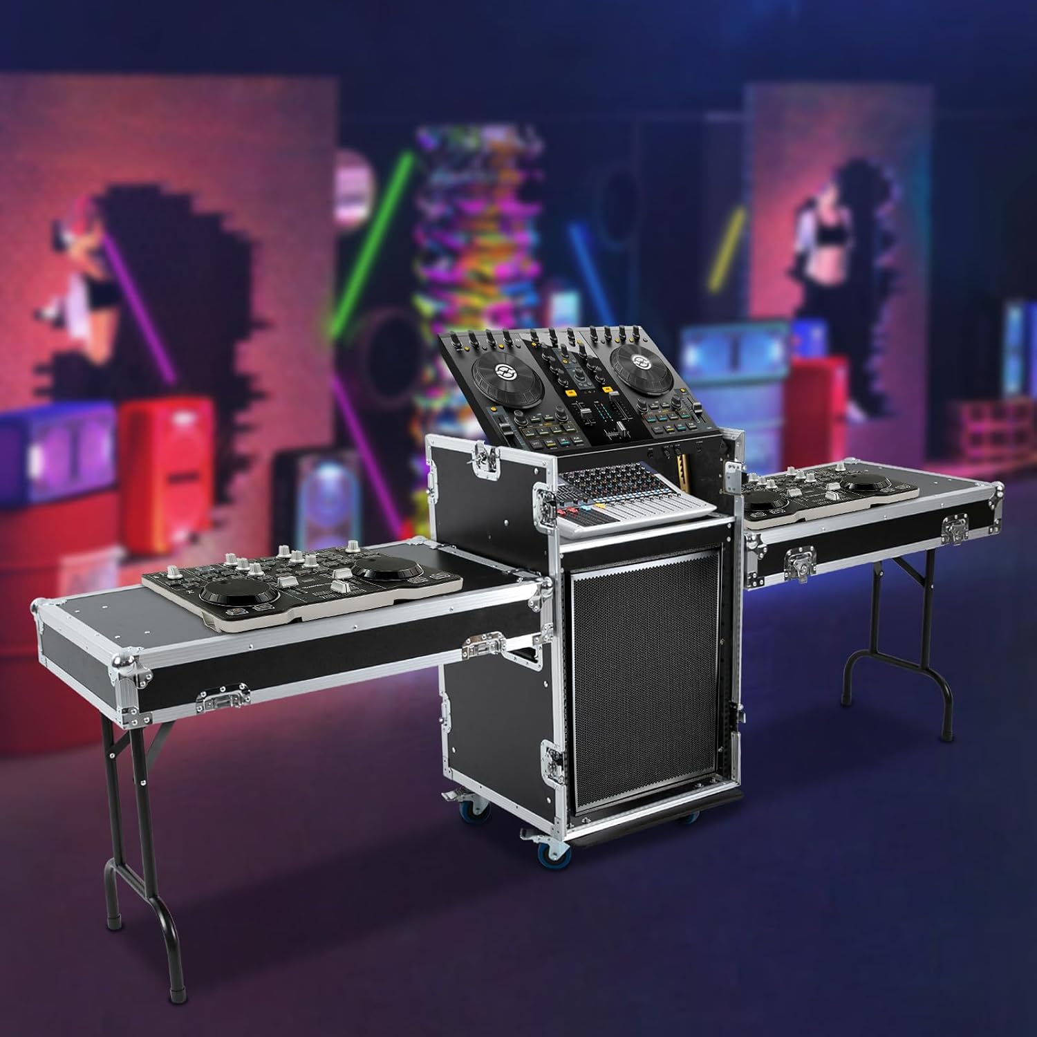 14U Rack Case, PA DJ Audio Rack with 4 Wheels and 2 Large DJ Table Tops with Support Audio Mixer Case for Studio Home Theater KTV and Wedding Parties