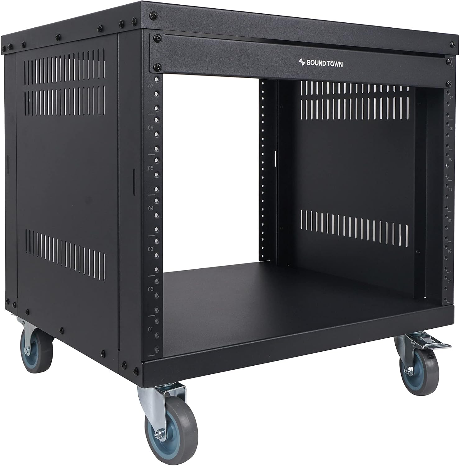 Sound Town 8U Universal Steel Rack, w/ 3' Locking Casters, Vented Side Panels for Audio Video, Server and Network Equipment (STRK-M8U)