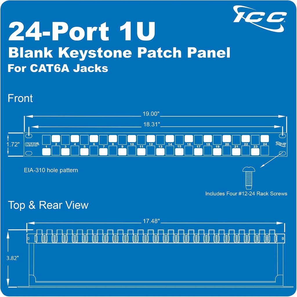 ICC 24-Port CAT6A Keystone 1U Patch Panel with CAT6A Keystone Jacks, 19' Rackmount Housing and Cable Support Bar, Staggered Ports to Reduce ANEXT, UL Listed PoE++ Compliant, ICMPP246AU
